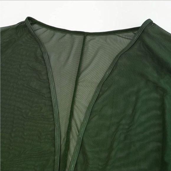 Sexy Thin Mesh Long Sleeve Tie Front Maxi Cover Up Dress Army Green - Picture 5 of 6